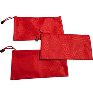 Lot of 3 Red Zipper Pouches Honeycomb Mesh Cosmetic Pencil Bags